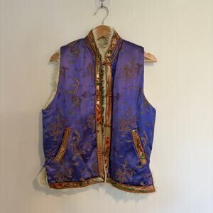 VTG Handmade Purple Silk Brocade Dragon Faux Fur Vest Festival Asian Tibetan